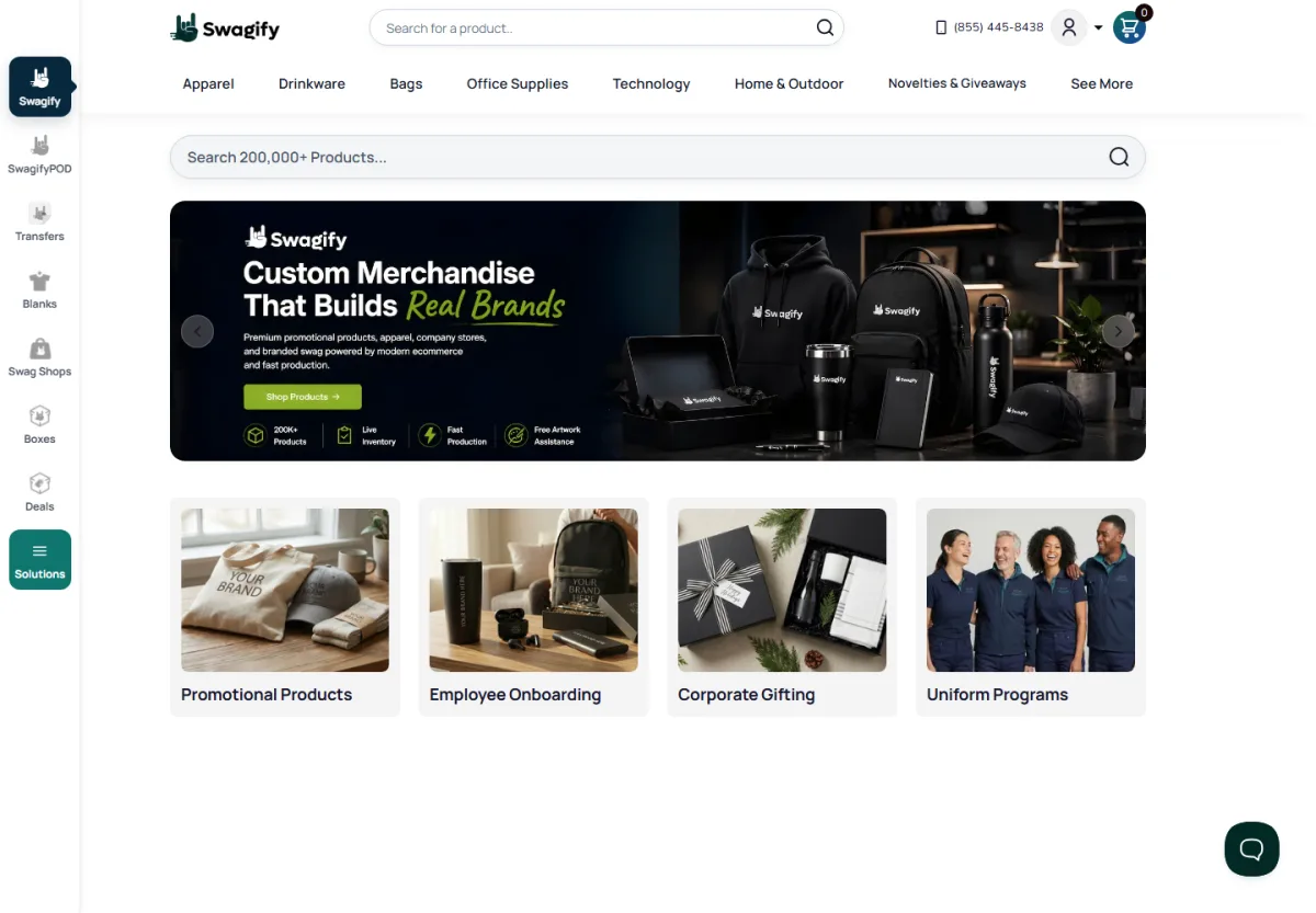 Swagify branded merchandise ecommerce homepage